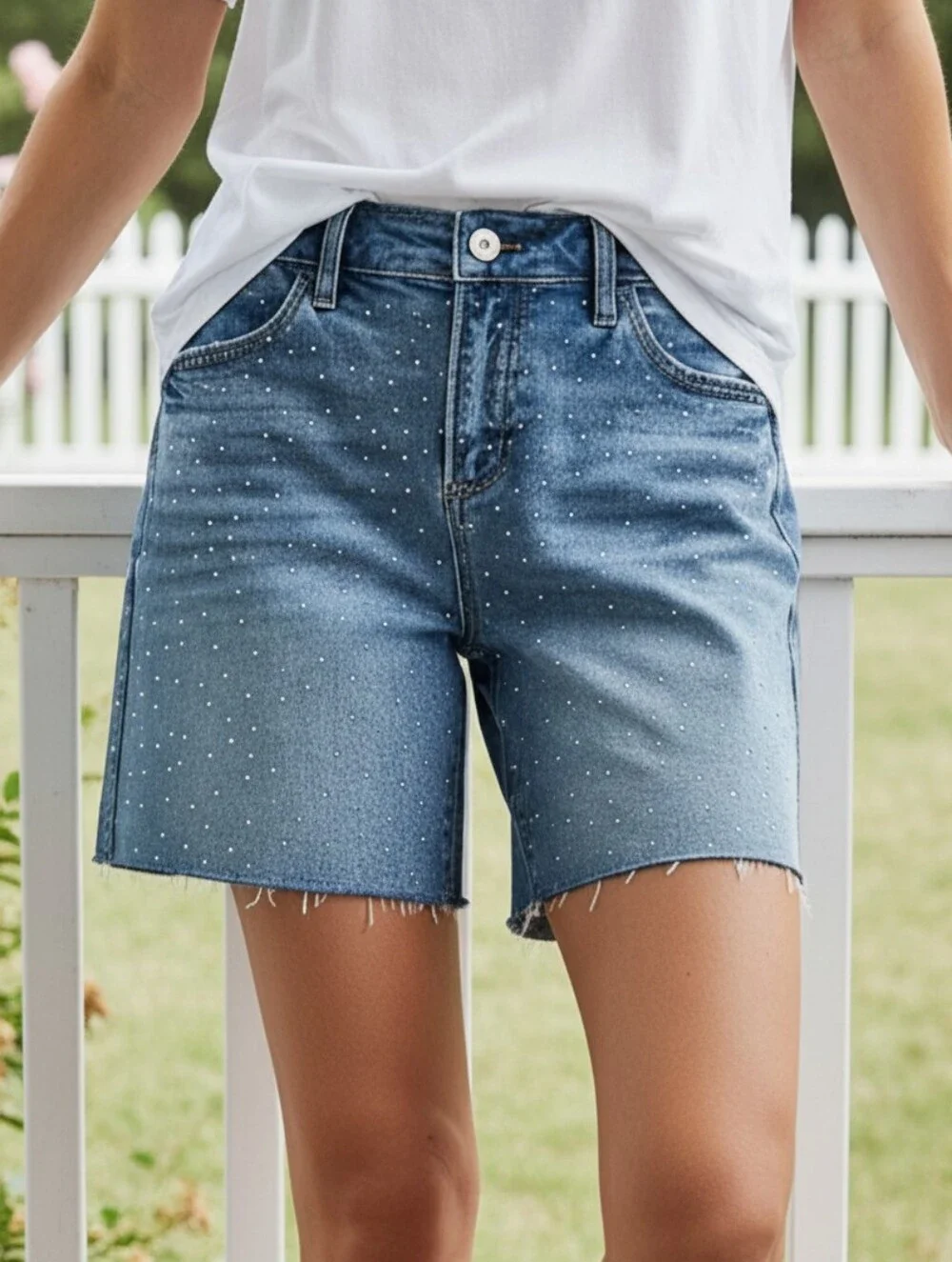 Risen Rhinestone Speckled Baggy Raw Hem Mid Length Weekend Sparkle Denim Shorts
